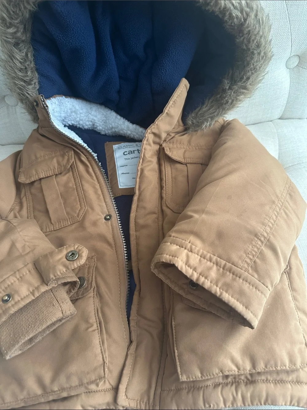 Carter's Tan Hooded Puffer Coat with Faux Fur Trim